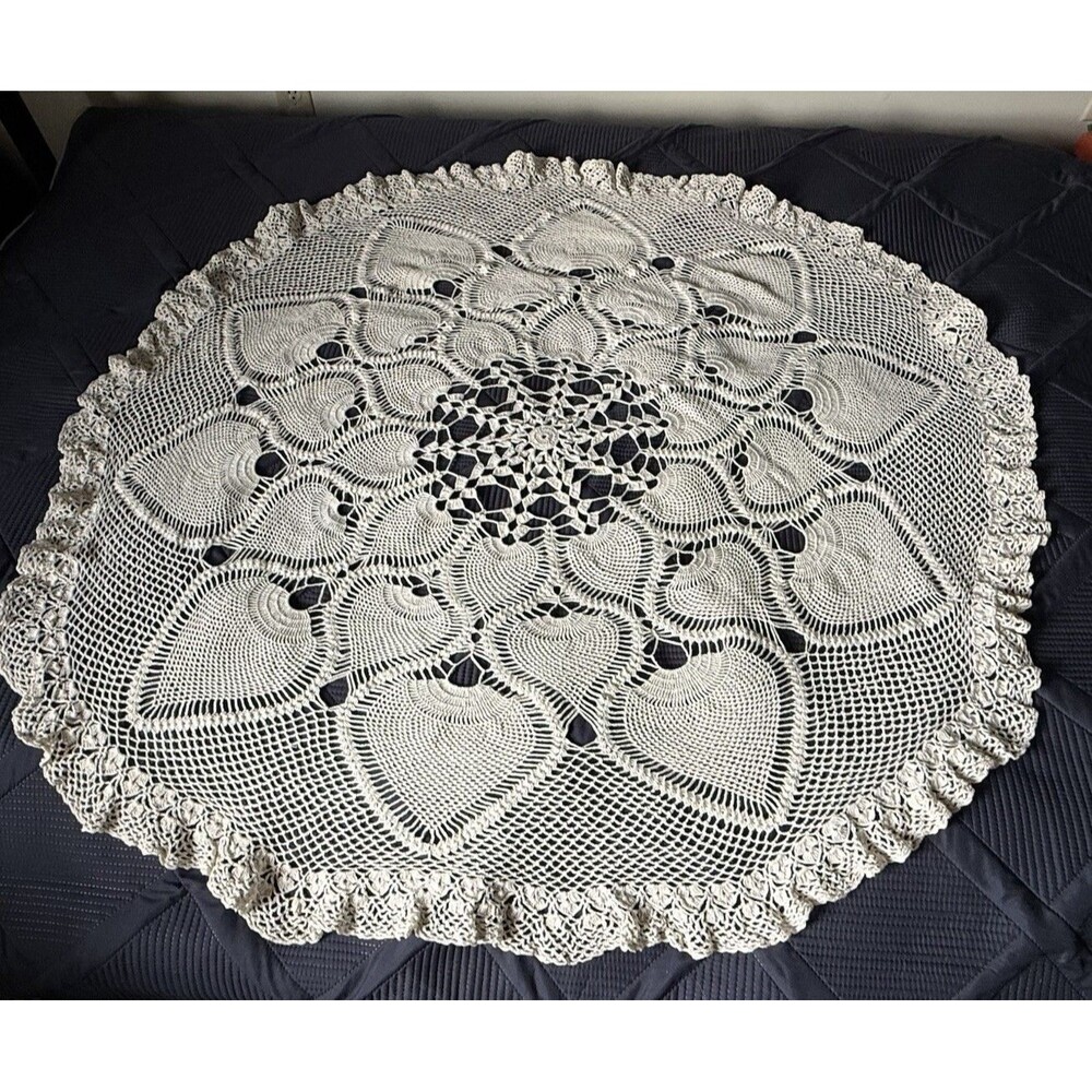 Vintage  Crocheted Tablecloth Hand Made White Round 50" Ivory Cottagecore
